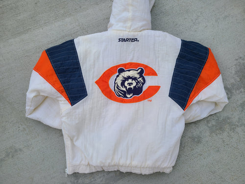 Vintage Mens Starter Chicago Bears 3/4 Pullover Hooded Jacket Size XS-White