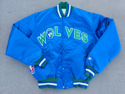 Vintage Mens Starter Minnesota Timberwolves Satin Button Up Jacket Size Large-Blue